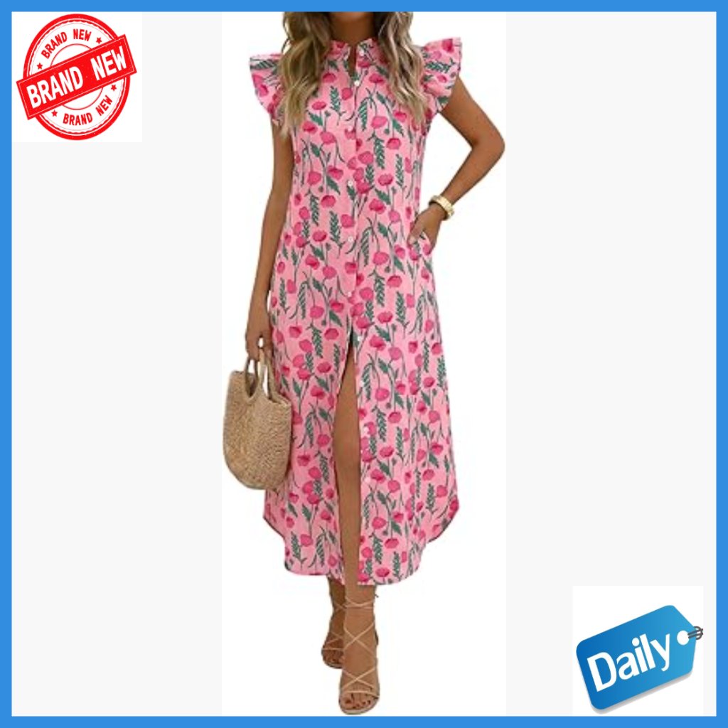 Floral Midi Sundress With Button Front And Cap Sleeves, Loose Fit